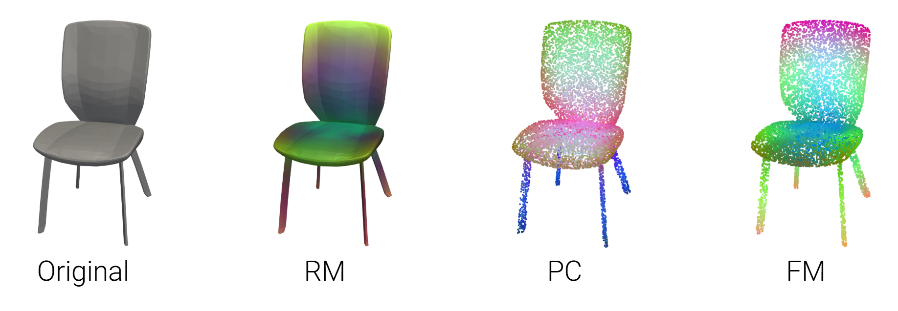 Diagram showing the different feature representations: Raw-Mesh (RM), Point Cloud (PC), Feature-Mesh Sampling (FM)